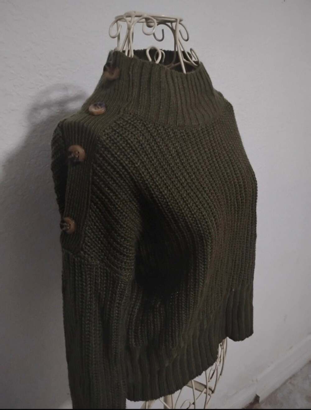 Say What? Olive Green Mock Neck Shoulder Button Knit Sweater Medium